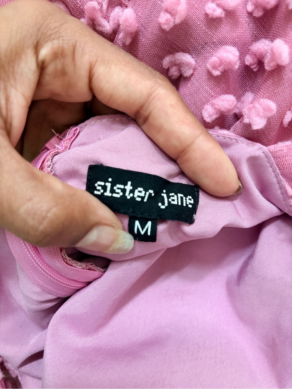 Sister Jane Bando "Likely Lady" textured pink midi dress featuring tiered bow M - Picture 6 of 6